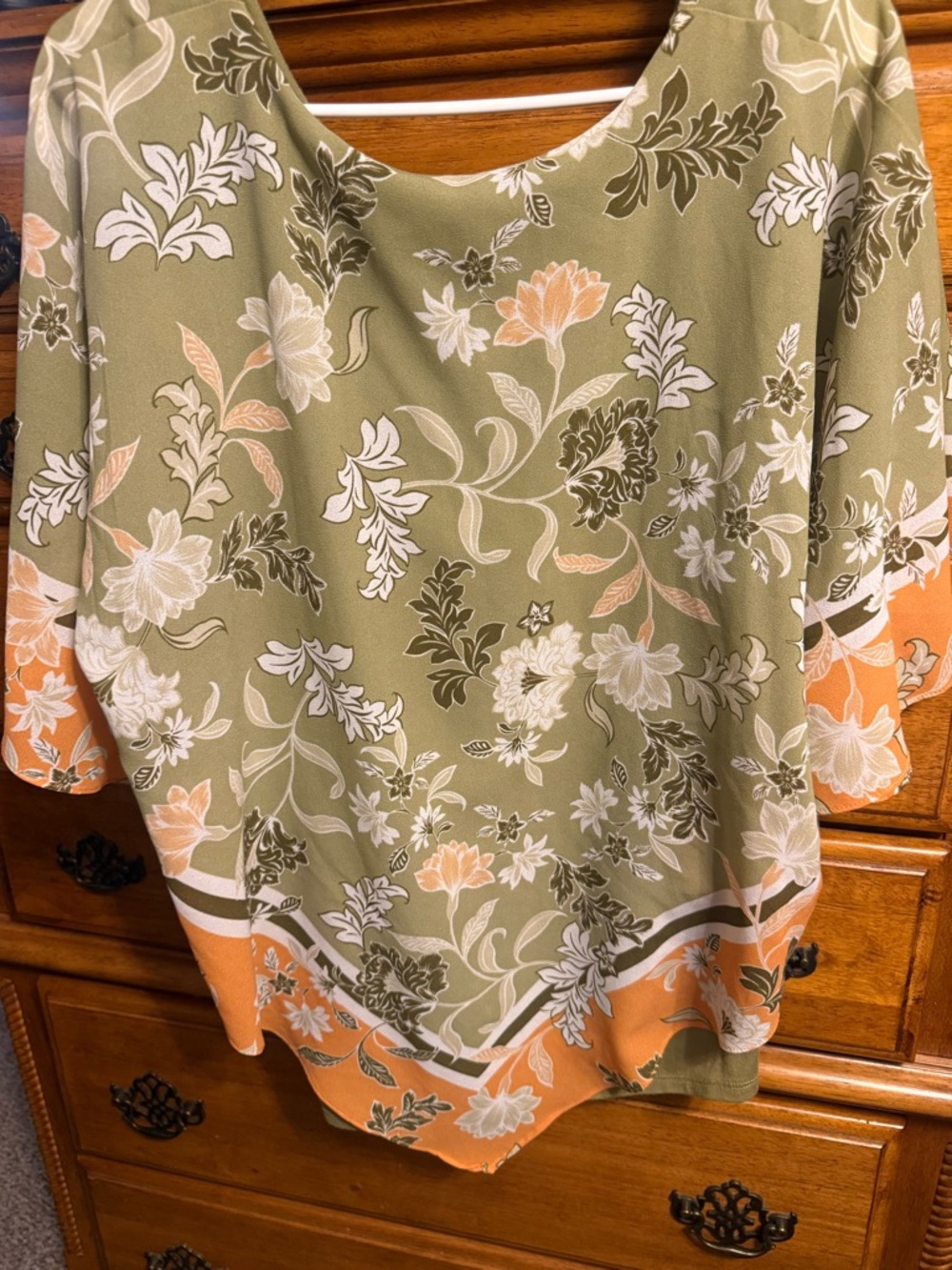 Olive Green Floral Blouse with Peach Border - Women Tops